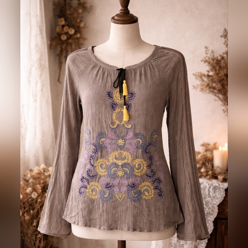 Boden‎ Whimsical Floral Embroidered Tassel Tie Peasant Top Small 6